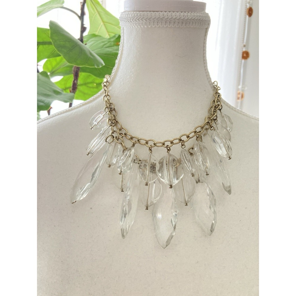 Clear‎ Drop Necklace Gold Tone Chain Faceted Beads Pendant Bib Statement Acrylic